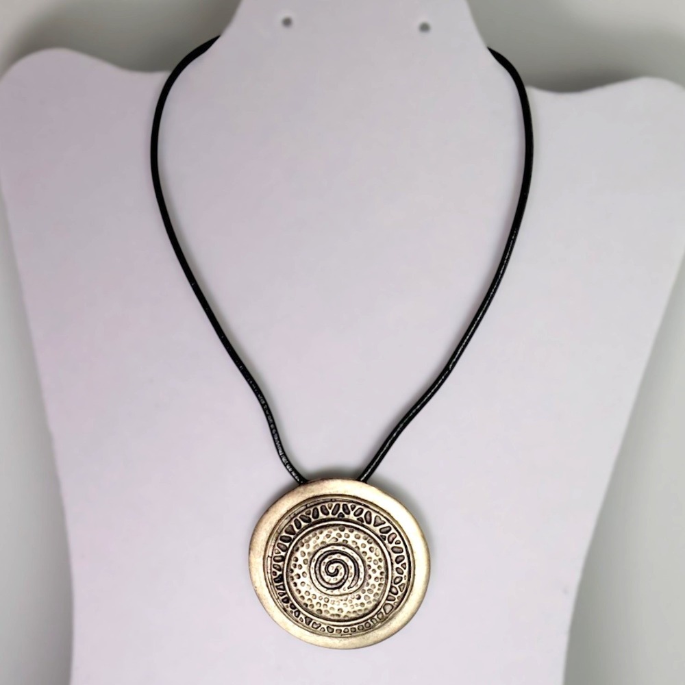 Chico's Additions NWT Artisan Hammered Two Tone Spiral Medallion Cord Necklace
